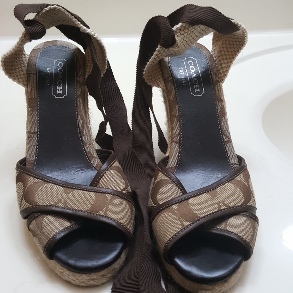 Brown coach lace up strap wedge